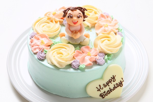 チョコ似顔絵人形付き フラワーバタークリームデコレーションケーキ 4号 12cm Irene アイリーン Cake Jp