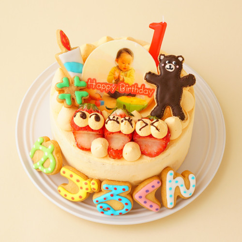ファーストバースデー　フォトケーキ人参クリームケーキ　写真ケーキアイシングクッキーケーキ(クマ)　　4号　12cm